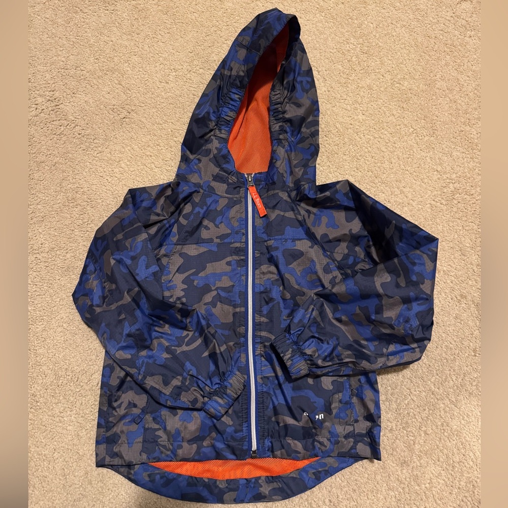 LL Bean kids Camo Hooded Rain Jacket - Blue and Orange